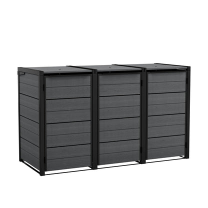 Keter 240L Hideaway 3-Bin Storage Unit | Evotech Wood-Effect, Weather-Resistant | Fits Three 240L Wheelie Bins | Steel & Aluminium Frame | Hydraulic Lids for Easy Access | Outdoor Bin Store