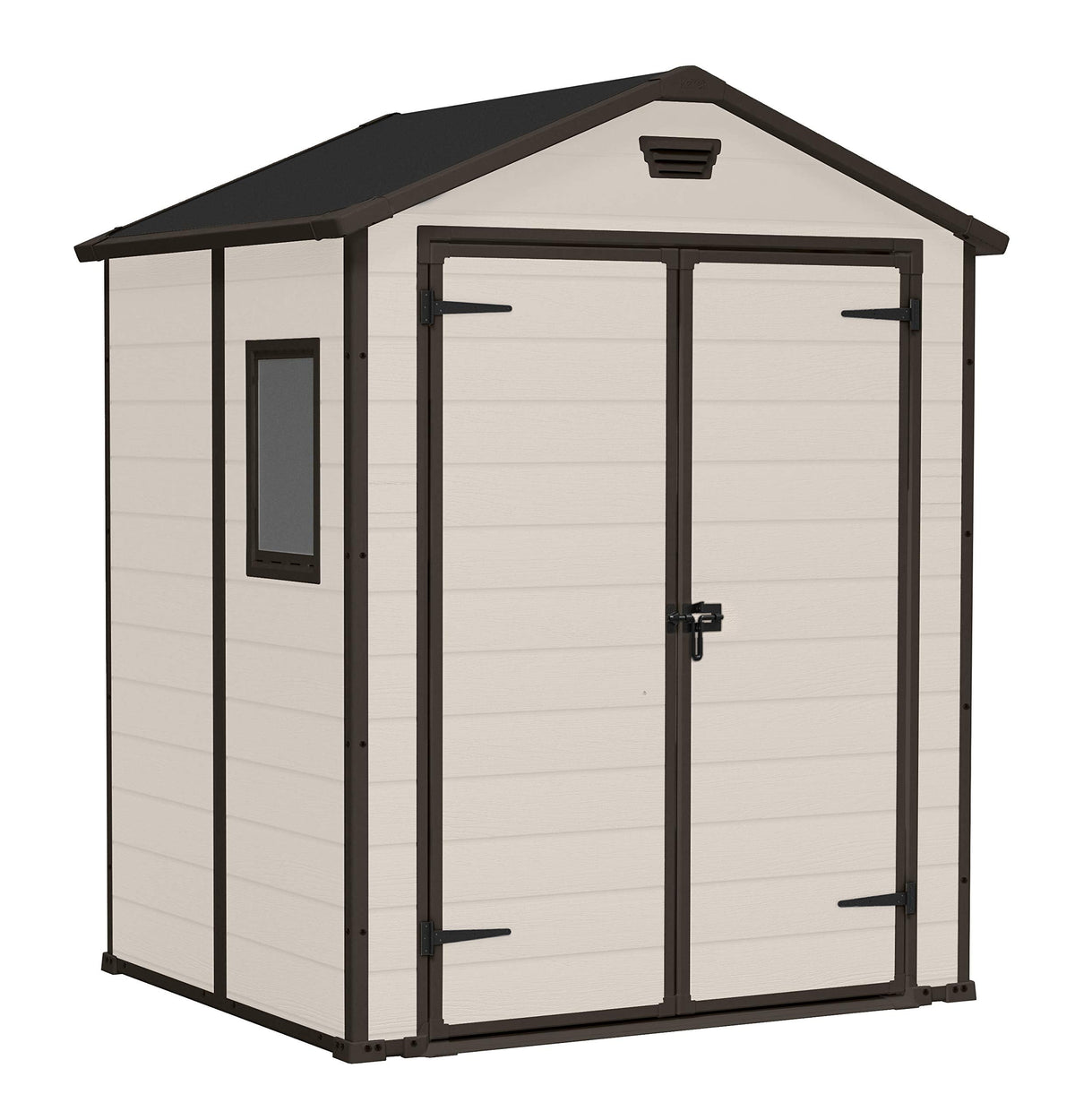 Keter, Manor Apex 6 x 5 ft Outdoor Garden Storage Shed, elegant wood-effect double door design for easy access, durable fade-free resin with window and floor panel for secure storage, Beige and Brown