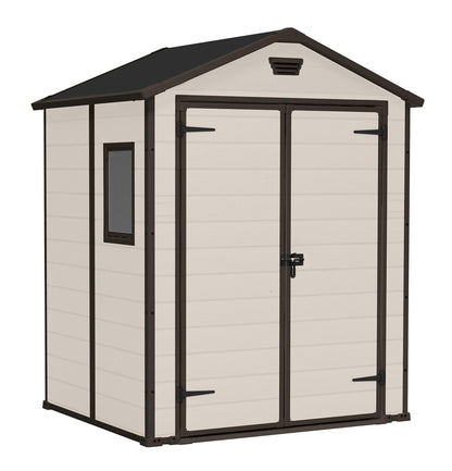Keter, Manor Apex 6 x 5 ft Outdoor Garden Storage Shed, elegant wood-effect double door design for easy access, durable fade-free resin with window and floor panel for secure storage, Beige and Brown
