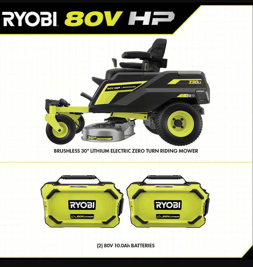 RYOBI 80V HP Brushless 30 in. Zero-Turn Mower with (2) 80V 10Ah Batteries and Charger