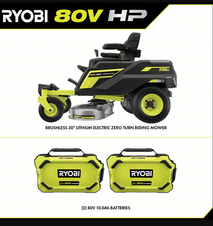 RYOBI 80V HP Brushless 30 in. Zero-Turn Mower with (2) 80V 10Ah Batteries and Charger