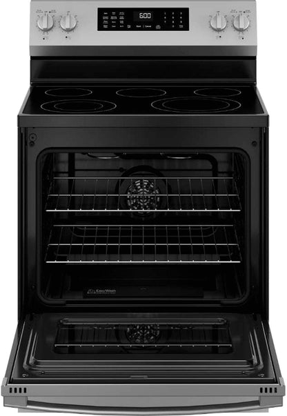 GE 30-inch Freestanding Electric Convection Range with No Preheat Air Fry, WiFi, and EasyWash Oven Tray, Stainless Steel