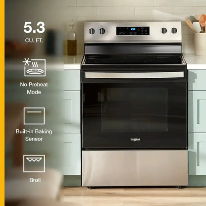 Whirlpool WFE535S0JS 5.3 cu. ft. Freestanding Electric Range with Fan Convection and Frozen Bake Technology, Stainless Steel