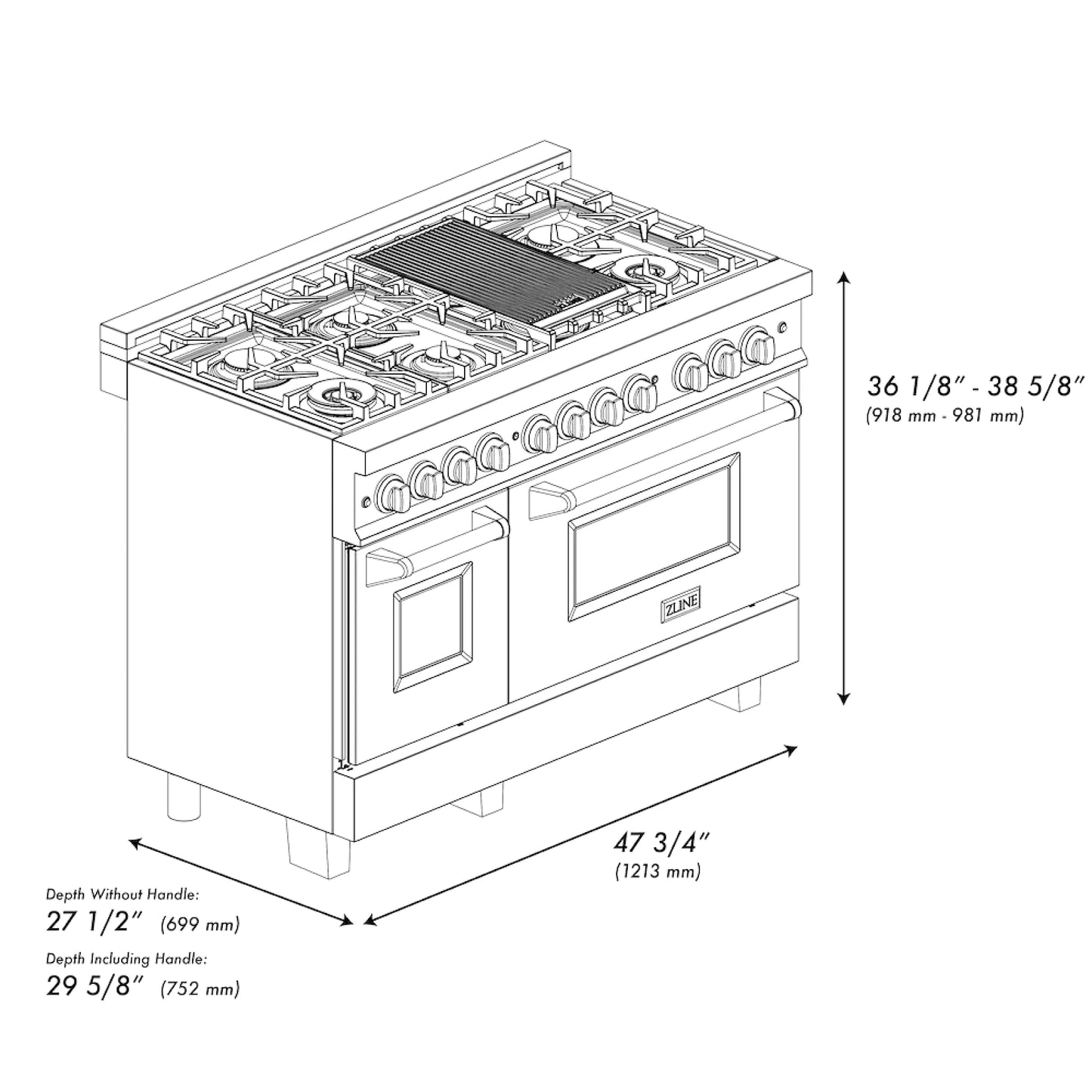 ZLINE Autograph Edition 48″ 6.0 cu. ft. Dual Fuel Range with Gas Cooktop and Electric Oven, Champagne Bronze Accents